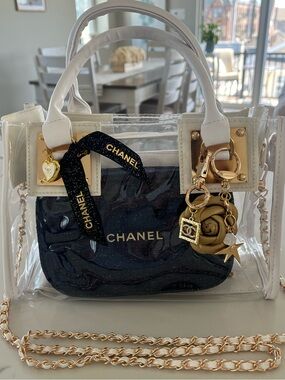 Custom Upcycled Chanel Beauté Clear Bag w Authentic Charms, Ribbon & Makeup Bag